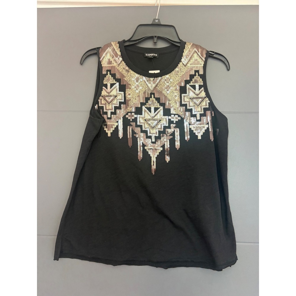 Express Womens Black Sequin Geometric Tank‎ Top Sleeveless Crew Neck Small NWT
